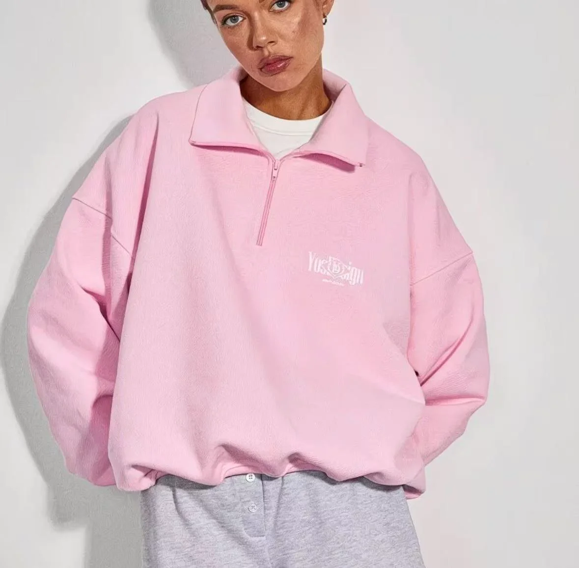 Sweat Col Montant Zippé Rose