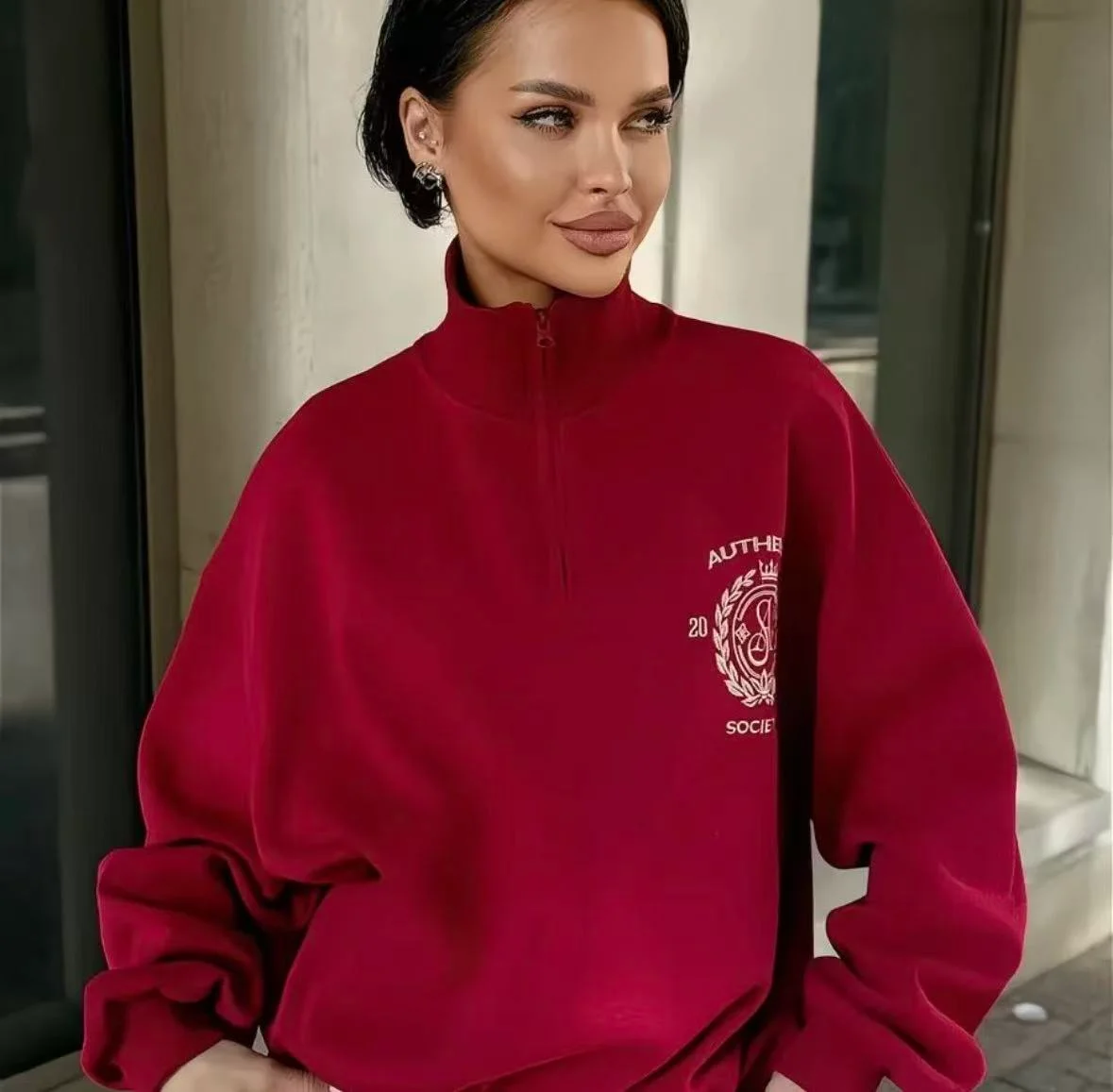 Sweat Col Montant Logo Brodé Bordeaux